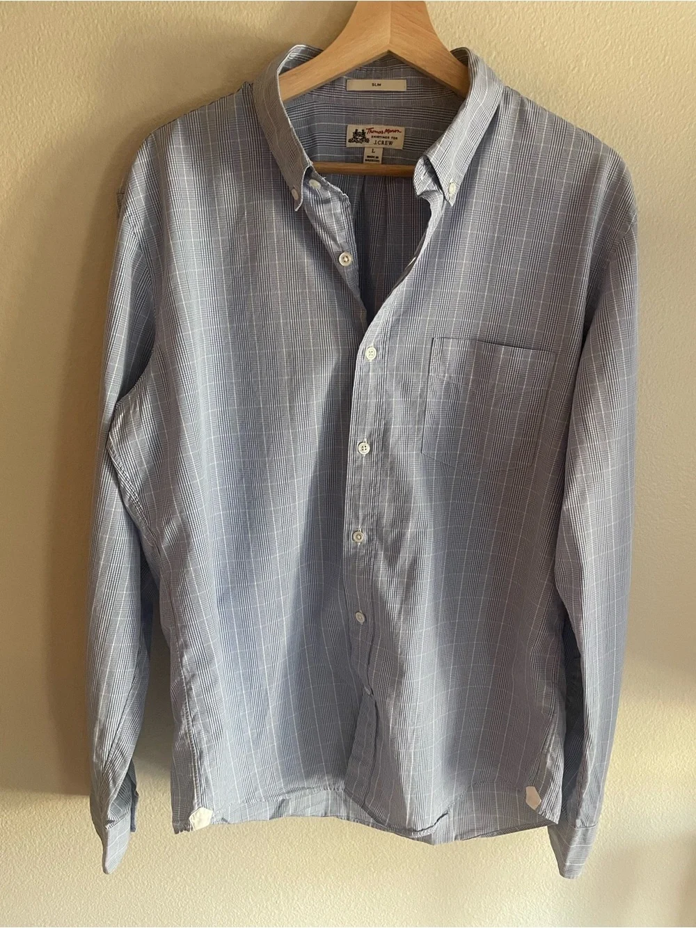 Thomas Mason J. Crew Slim Fit Light Blue and White Checked Slim Dress Shirt